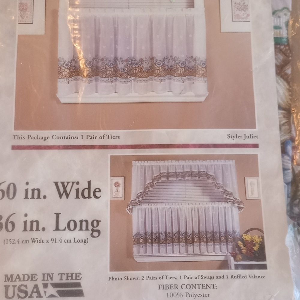 Two Pair of Ruffled Tiers for Window Hanging Made in USA 60" Wide 36" Long NWT